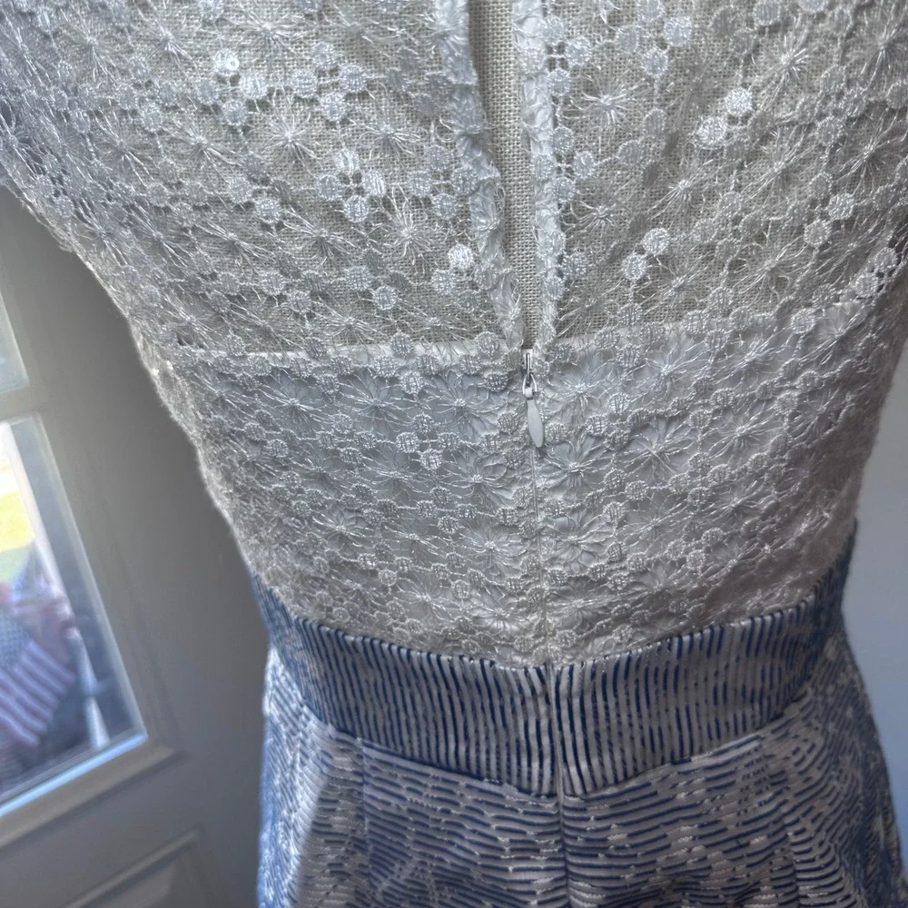 Kay Unger Jacquard Dress‎ Womens Lace Sequin Shimmer Blue Striped Size 4